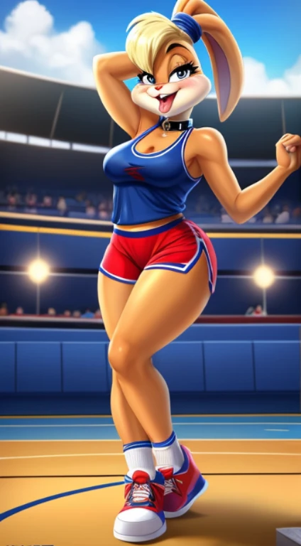 score_9, score_8_up, score_8, provocative basketball clothes (score_9, score_8_up, score_7_up, rating_lewd,  skinny thigh, lola bunny, provocative, dynamic pose, basketball court, daytime, hourglass, curvy, fit medium breasts, wide hips, thick thighs , bas...