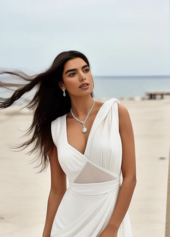 wearing a white dress on the beach、long-haired alafi woman, greek ameera al taweel, tanned amira al tawer, olga buzova, a beauti...