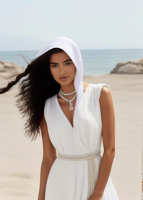 wearing a white dress on the beach、long-haired alafi woman, greek ameera al taweel, tanned amira al tawer, olga buzova, a beauti...