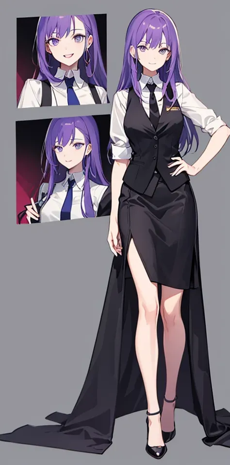 Purple Hair,Semi-long hair,woman,Casino Dealer,bartender,suit,Black vest,Shirt with rolled up sleeves,tie,High heels,,Simple Background,smile,whole body,whole body,whole body,Portraits,virtual,upright,,Standing upright with face and body facing forward,