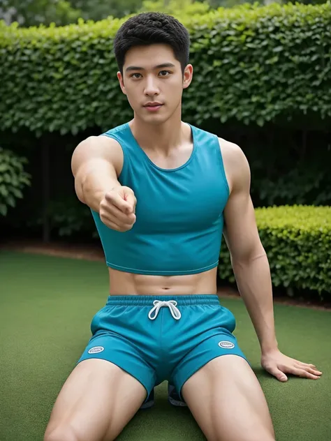 Firefighter in his 20s，Full chest muscles，Has short black hair， blue eyes，Sexy and charming expression，Wear green training clothes、Blue shorts, 大包Convex显，Convex，High resolution, masterpiece, Best quality, head:1.3,((Hasselblad Photo)), Delicate skin, Be fo...