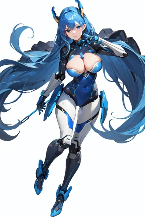 [(white background:1.5)::5], (bottle bottom:0.9), masterpiece,(full body:1.2),(masterpiece, ultra high res, 16k uhd, high quality),1girl robot suit, blue armor,blue hair, big breast
