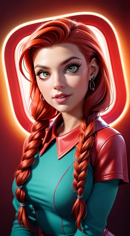 mulher arafed com cabelo vermelho e uma luz roxa neon, aluna hiperrealista, uma aluna hiperrealista, red braided hair, Complex red braided hair, ela tem cabelos ruivos, cabelos vermelhos brilhantes, plaits,  do cabelo vermelho, Hairstyle Braids, inspirado ...