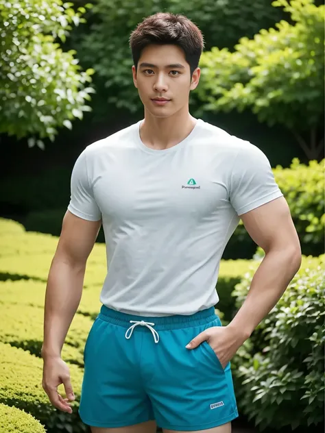 Firefighter in his 20s，Full chest muscles，Has short black hair， blue eyes，Sexy and charming expression，Wear green training clothes、Blue shorts, 大包Convex显，Convex，High resolution, masterpiece, Best quality, head:1.3,((Hasselblad Photo)), Delicate skin, Be fo...