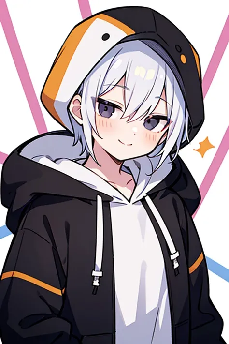 anime,manga,,((boy)),(1boy), solo, hood, black eyes, very short hair, long sleeves, bangs, hood up, white hoodie,multicolored hair, looking at viewer, pastel orange hair, hair between eyes, puffy long sleeves, hoodie, white hair, drawstring, closed mouth, ...