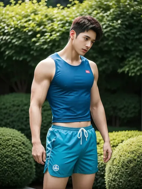 Firefighter in his 20s，Full chest muscles，Has short black hair， blue eyes，Sexy and charming expression，Wear green training clothes、Blue shorts, 大包Convex显，Convex，High resolution, masterpiece, Best quality, head:1.3,((Hasselblad Photo)), Delicate skin, Be fo...