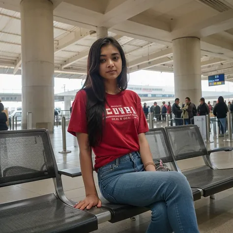 beautiful cute young attractive indian girl, village girl, 20 years old, cute, long black_hair, and were red tshirt and jeans colorful hair, warm, dacing, in sit at airport , indian