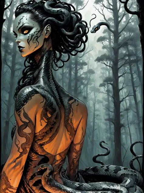 Medusa, splash page decompressed comic cover art, ink style figure, candid, snake skin dress, ((art style expressive Joelle Jones and "Sean Gordon Murphy" comic drawing)), cinematic poster double exposure, optical illusion, image within image, abyss void b...