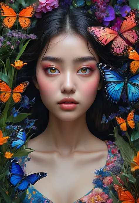 a girl close up, glowing shinny eyes with ultra long eyelashes, in a surreal and intricate garden of infinite possibilities, lost in a chaotic and unpredictable world, surrounded by vibrant and mesmerizing colors. The garden is filled with unique and pecul...