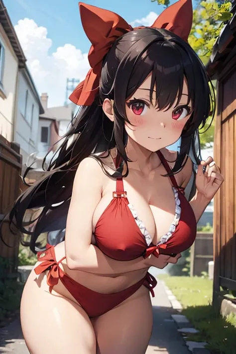 Reimu: Panties visible, huge breasts, chest visible, looking troubled, wearing a swimsuit