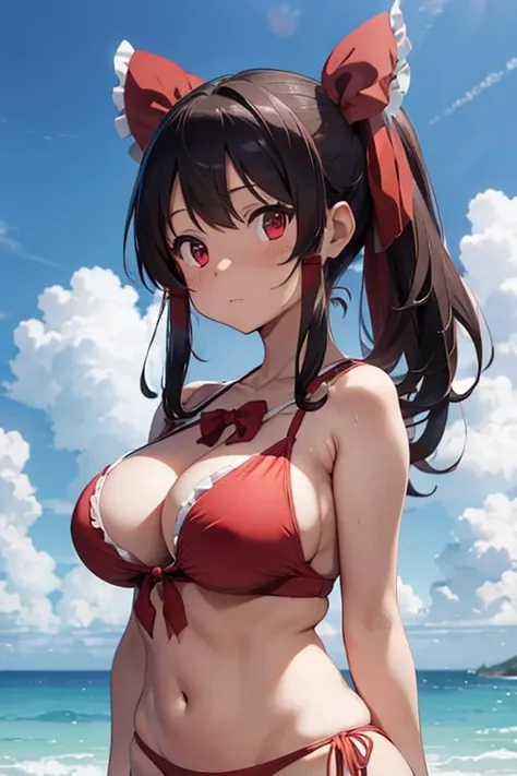 Reimu: Panties visible, huge breasts, chest visible, looking troubled, wearing a swimsuit