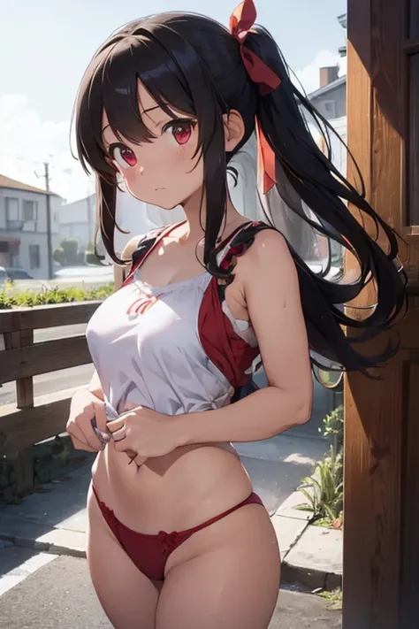 Reimu Panties visible Huge  Breasts visible Troubled face Wearing swimsuit Panties visible