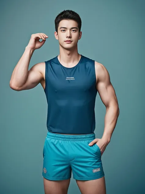 Firefighter in his 20s，Full chest muscles，Has short black hair， blue eyes，Sexy and charming expression，Wear green training clothes、Blue shorts, The large crotch bag is the highlight，high resolution, masterpiece, best quality, head:1.3,((Hasselblad Photo)),...