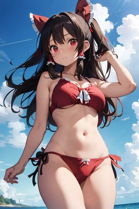 Reimu Panties visible Huge  Breasts visible Troubled face Wearing swimsuit Panties visible