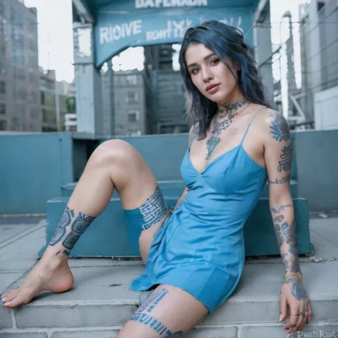 pokket, filmed on dslr, 8k, detailed face, blue hair, 25-year-old woman, is on the street in nyc, beautiful clothes, black tatto...