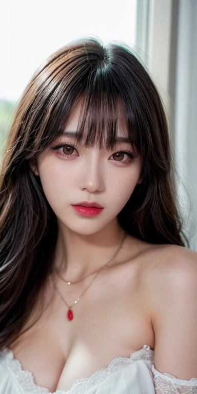 Canon RF 85mmf/1.2,masutepiece,Best Quality,超A high resolution,tu,1 girl,(Korean mixed,Kpop Idol:1.2),Solo,white_shiny_skin,Black eyes,Necklace,brown_long_Wavy_hair,Red lipstick dark_shiny_Lips,Eyelashes,Bangs,deal,make - up,shiny,Pore,skin texture,Bracele...