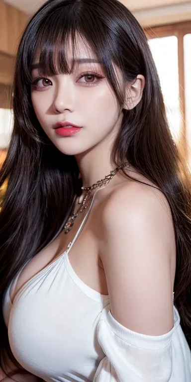 Canon RF 85mmf/1.2,masutepiece,Best Quality,超A high resolution,tu,1 girl,(Korean mixed,Kpop Idol:1.2),Solo,white_shiny_skin,Black eyes,Necklace,brown_long_Wavy_hair,Red lipstick dark_shiny_Lips,Eyelashes,Bangs,deal,make - up,shiny,Pore,skin texture,Bracele...