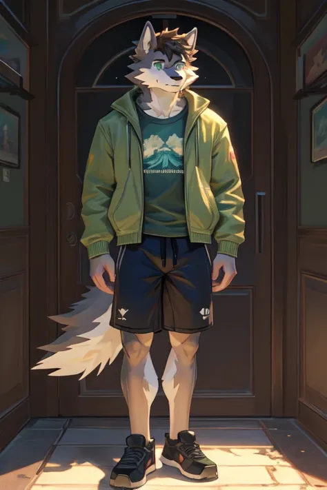 ((best quality)), ((masterpiece)), (detailed), perfect face, furry, anthropomorphic wolf, Russet fur, dark brown hair, dark green eyes, 41" Chest, 19" Shoulders, 13" Biceps, 32" waist, 23" Thighs, 15" Calves, 19" Back, slim, twink, wearing green jacket, Xa...