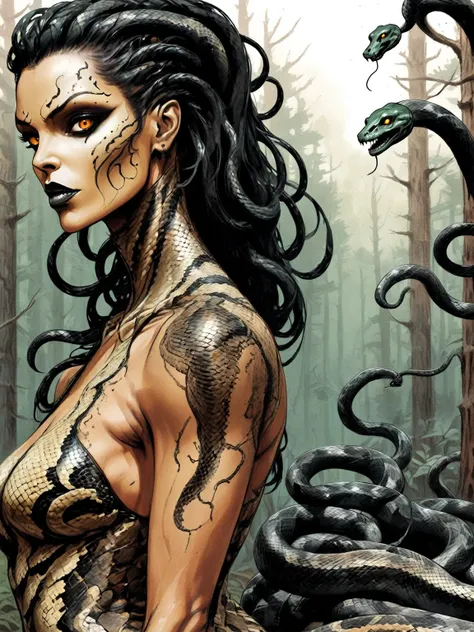 Medusa, splash page decompressed comic cover art, ink style figure, candid, snake skin dress, ((art style expressive Joelle Jones and "Sean Gordon Murphy" comic drawing)), cinematic poster double exposure, optical illusion, image within image, abyss void b...