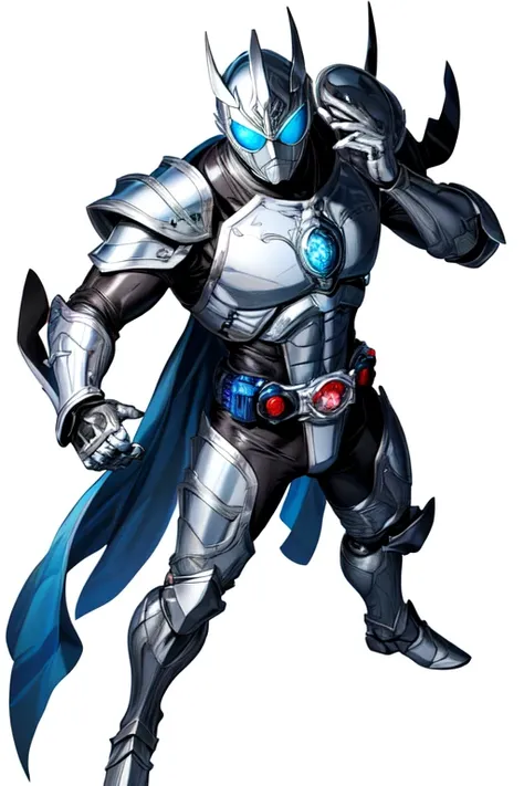 [(white background:1.5)::5], (bottle bottom:0.9), masterpiece,(full body:1.2),(masterpiece, ultra high res, 16k uhd, high quality),1man, kamen rider ,silver helmet ,blue steel armor,silver armor,mix color,blue belt and silver, focus male,1man, 