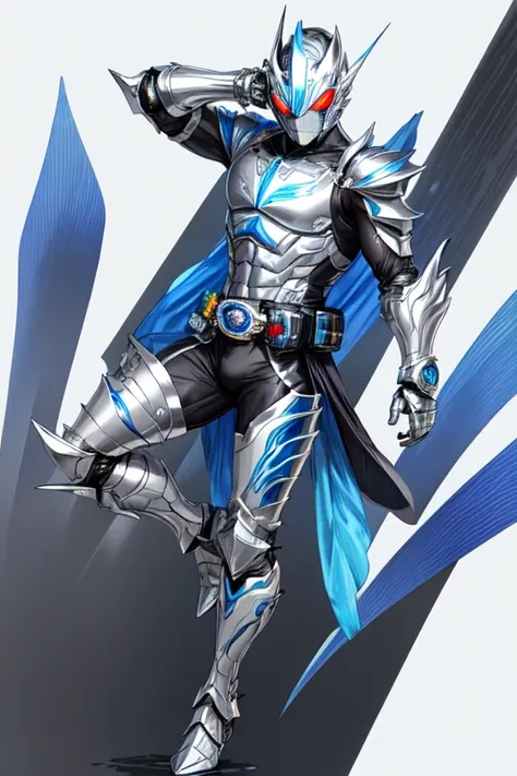 [(white background:1.5)::5], (bottle bottom:0.9), masterpiece,(full body:1.2),(masterpiece, ultra high res, 16k uhd, high quality),1man, kamen rider ,silver helmet ,blue steel armor,silver armor,mix color,blue belt and silver, focus male,1man, 