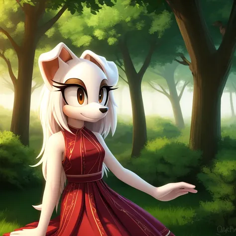 1girl, white borzoi dog, ((Mobian)),  (2d art, cel shading), dog ears,  tall tail, white hair, long hair, (white ears), (floppy ears), brown eyes, white fur, ((brown eyelids)), WhiteSlavic, Slavic, red pattern dress, forest,  masterpiece, 4k, high quality,...