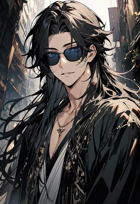 （Tarot Card Backgroundaleは椅子に座った，highest quality, High resolution，male, , Super beautiful face, Very beautiful eyes，Very beautiful hair，Black Hair　sunglasses