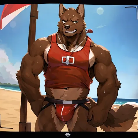 POV,top angle,sleep on stomach,lats,trapezius,butt lift,kemono, anthro (brown dog), male, (brown dog), muscular, back, red body, white belly ,sweat, ((correct anatomy)),stand up, sexy stand, beautiful beach, perfect beautiful beach background, perfect chai...