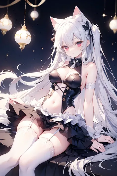 top-quality、 8K、 red eyes, white hair, long hair, One piece Dress, White cat ears, White cat tail, garter belt, garter straps, collar with bell,  a beauty girl、 Nice、 Beautiful hair、 Beautiful eyes、 Beautiful skin、Beautiful legs、Beautiful arms、Perfect fing...