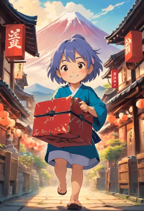 ((best quality)), ((artwork)), (detailed), perfect face, holding a box, tiny cut smiling with samurai helmet, soft lighting, Mount Fuji, vivid colors, 16k, ultra definition, hdr with go pro, cartoon, anime