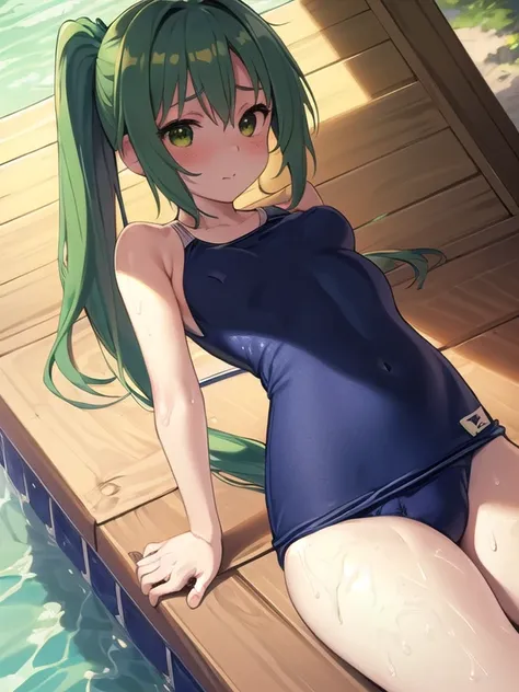 masterpiece, highest quality, Super detailed, 1 Girl,  Mion Sonozaki, Green Hair, Green Eyes, ponytail, surprise:1.3、blush、Normal chest、(((Navy school swimsuit:1.3))),Pool、woman&#39;s butt facing the screen、Backward perspective:1.3