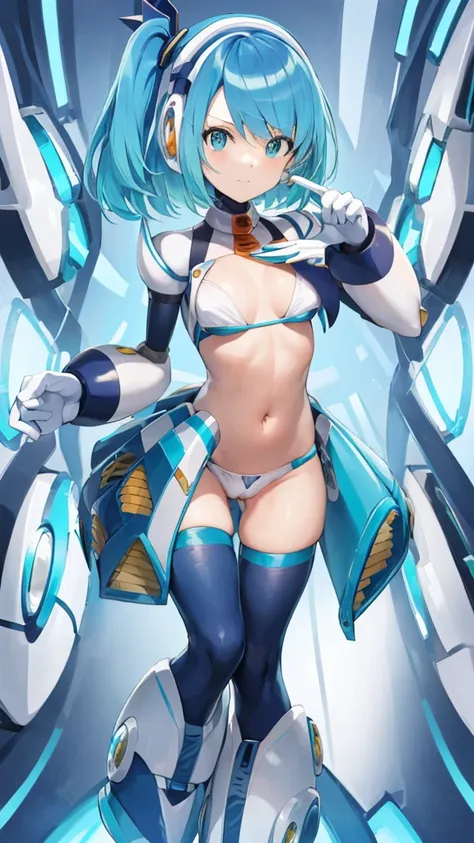 RiCO_MegamanXD, 1girl, Looking at viewer, simple background, touching her vagina with her own hand, Blue Hair, ,Blue eyes, micro bikini 