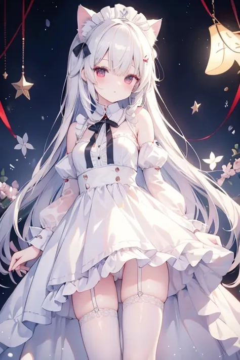 best quality、8K、red eyes,white hair,long hair,Maid dress,White cat ears,White cat tail,garter belt,garter strap,collar with bells,beautiful girl、Nice、Beautiful hair、Beautiful eyes、Beautiful skin、 Beautiful legs、Beautiful arms、Perfect fingers、Very cute、Very...