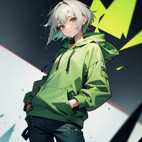 Short gray hair　Green Eyes　green hoodie　jeans　put one&#39;s hand in one&#39;s pocket