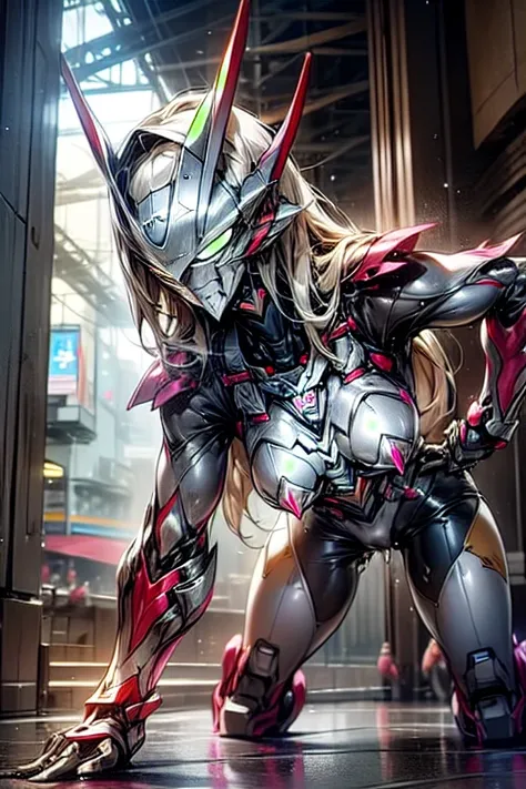 Beauty、（masterpiece、8k、Very delicate、High resolution），(((female ultraman)))，(((No muscles，big breasts)))，(彼女の頭teeth細くなっている,ボディteeth赤と銀でできている，pink armor,腕teeth流線型のデザインです，胸にteeth丸い電卓がある，Looks tall and skinny，全体的な形状teeth流線型である、Modern)，Pose for a photo，high an...