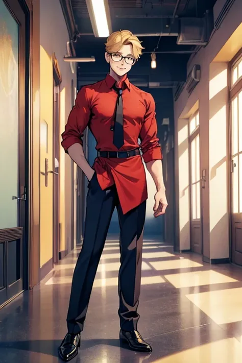 male, blonde short hair, blue eyes, (((1boy))), (((red dress shirt))), (black dress pants), (yellow tie), (brown shoes), (glasses), long legs, smiling, single person