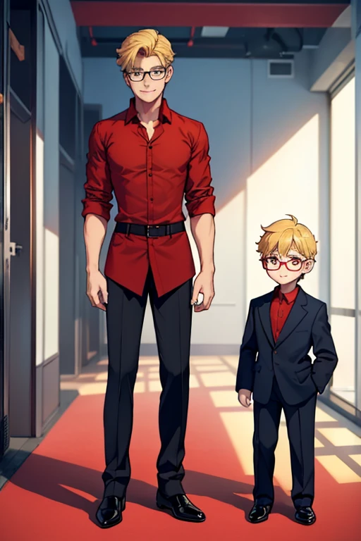 male, blonde short hair, blue eyes, (((1boy))), (((red dress shirt))), (black dress pants), (brown shoes), (glasses), long legs, smiling, single person