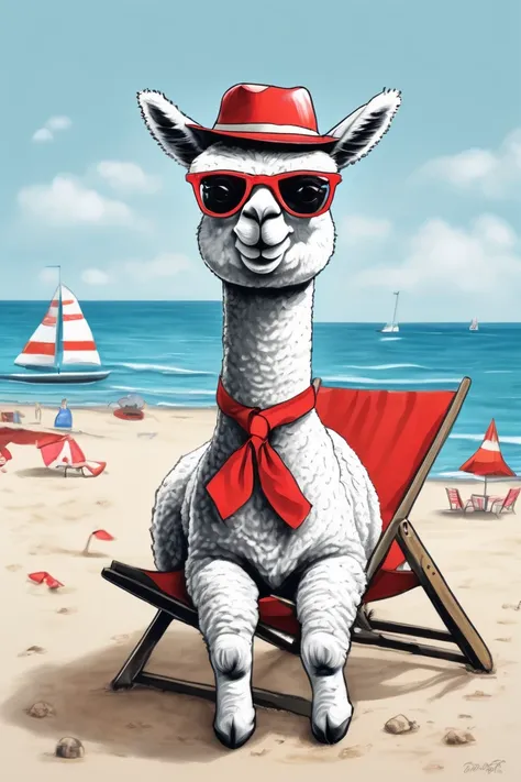 Leonardo style, Hand drawn black and white alpaca, Wear a sun hat, Red round glasses, Red tie, With small dots, Big smile and happy expression, Lying on a beach chair, Drink Coke, Beach, seaside, ultra high definition, illustration, UHD, masterpiece, ccura...