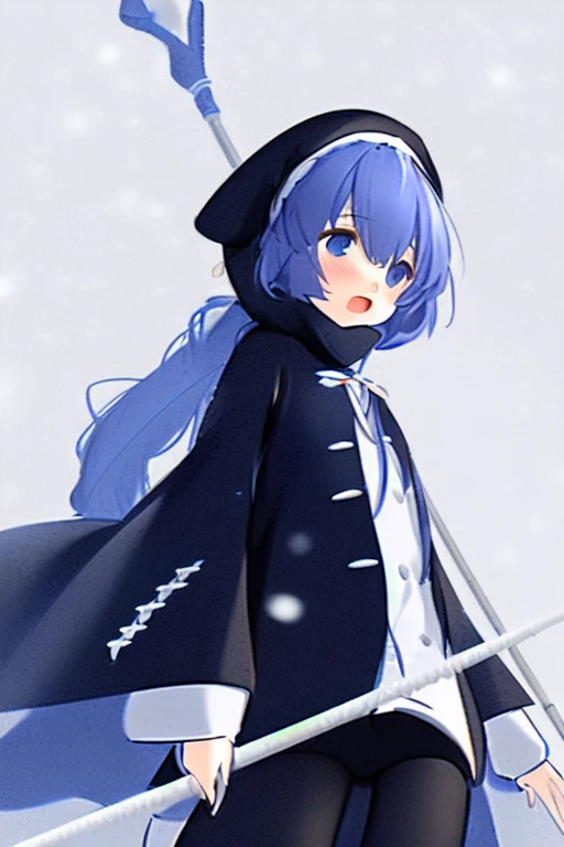 on request, Roxy Migurdia, 1 girl, One, blue hair, hair, It has, long hair, holding, witch It has, twin hairs, staff, Blue eyes, holding staff, open mouth, hair between eyes, long sleeves, black headdress, hand up, Snowing, tape, bang