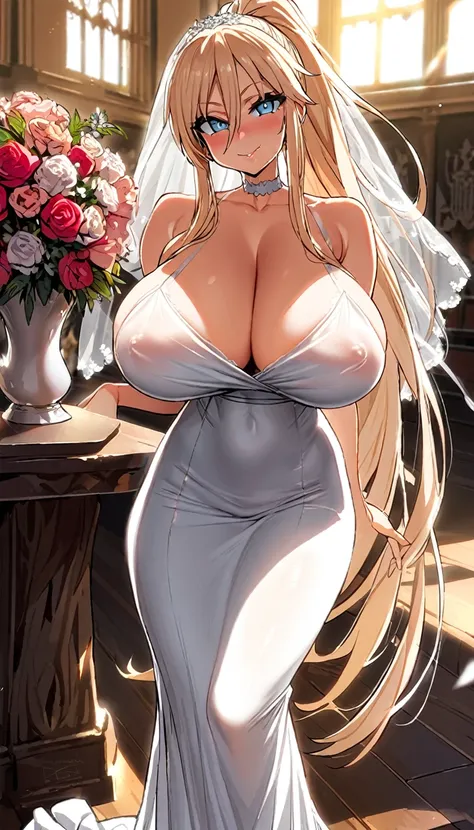 bismarck (azur lane), (azur lane), 1girl, (ponytail), long hair, masterpiece, best quality, highres, huge breasts, covered nipples, erect nipples, looking at viewer, blush, smile, cleavage, bare shoulder, collar bone, see-through_wedding dress, white weddi...