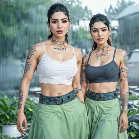 [( photograph of  hottest celebrity shriya saran )] ( ( full body shot,random shot), (no makeup )  tattooed woman,  tank top, sweaty, random  color long skirt,Tall woman, (she is cleaning the home garden, light rain background) ) (insanely realistic detail...