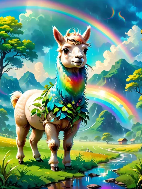 grassland, (A cute alpaca eating grass), (Chewing grass leaves:1.3), rain, Beautiful summer grassland, Beautiful scenery, Rainbow after rain, Bright colors, Super high saturation, RGB colors, bright, UHD, anatomically correct, super detail, best quality, a...