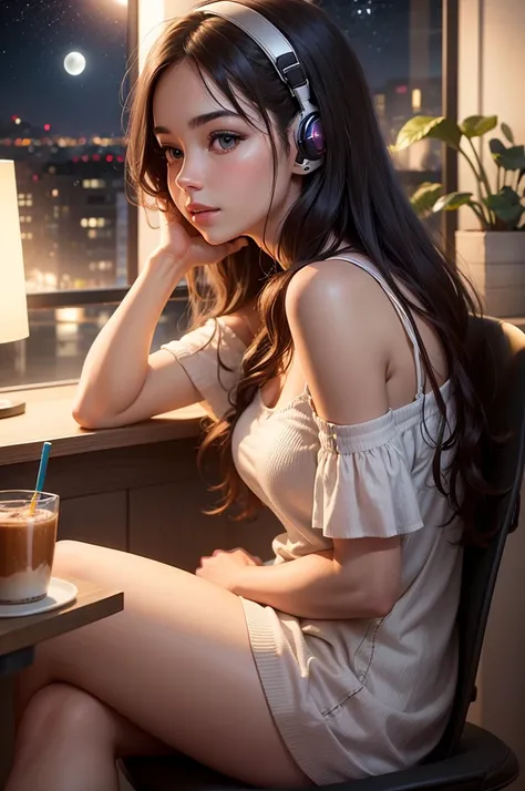 Young woman listening to music in the room，Sit and drink coffee，Enjoy the full moon night