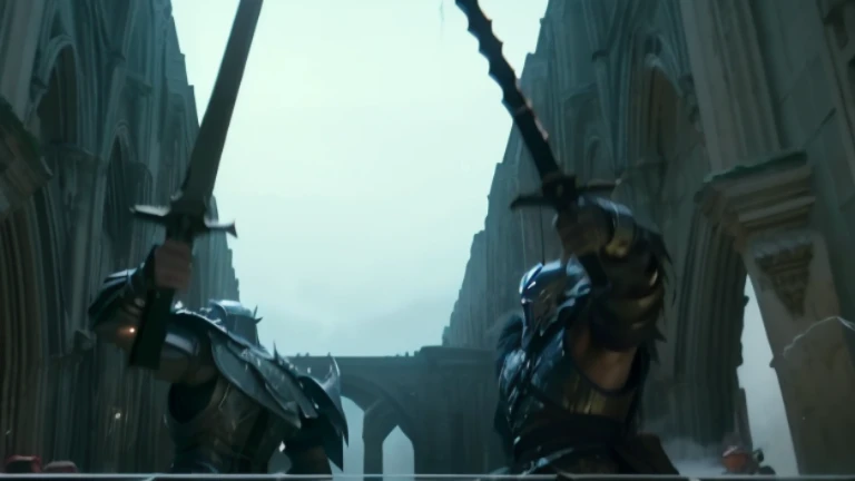 Two men with swords in a dark room, Gandalf Attacks Ancient Athens, transformer : The Last Knight, Fantasy movie stills, Harry Potter movie screenshots, From Warcraft, karl urban as a dragonslayer, Korg in Thor is a soldier, Sauron vs. Saruman, Undead sold...