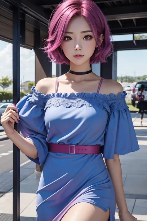 magenta hair　Outward-swept short bob　Pink Eyes　Bullish expression　blue dress　woman　live-action　