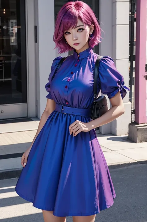 magenta hair　Outward-swept short bob　Pink Eyes　Bullish expression　blue dress　woman　live-action　