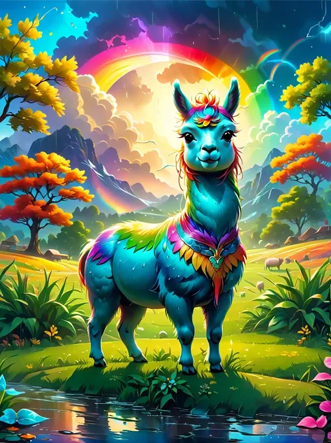 grassland, (A cute alpaca eating grass), (Chewing grass leaves:1.3), rain, Beautiful summer grassland, Beautiful scenery, Rainbow after rain, Bright colors, Super high saturation, RGB colors, bright, UHD, anatomically correct, super detail, best quality, a...