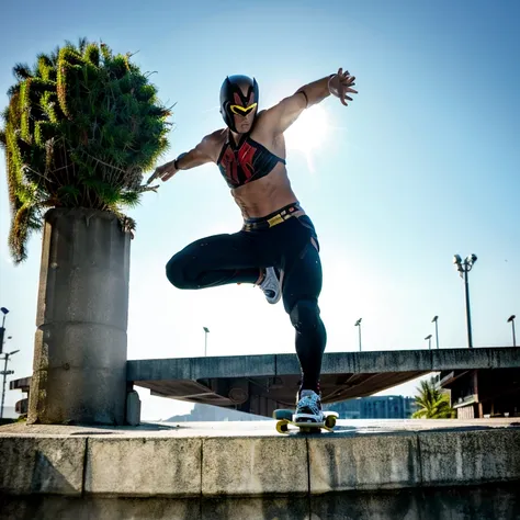 Male superhero flying on a skateboard from a springboard