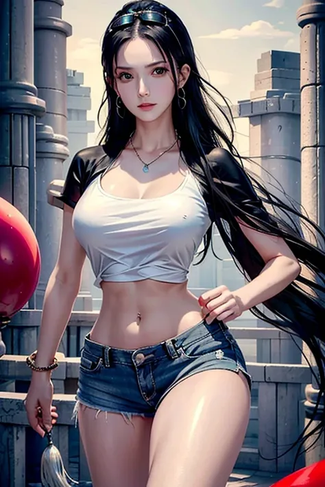 realistic,  high resolution,  soft light, 1 woman,  alone,  hips up,  dynamic gesture,  Glowing skin,  decorations,  tattoo, thigh,black hair,long hair,ear pendant,pearls and gems, Edobnico Robin, wear on the road, eyeware on head, t-shirt, shorts