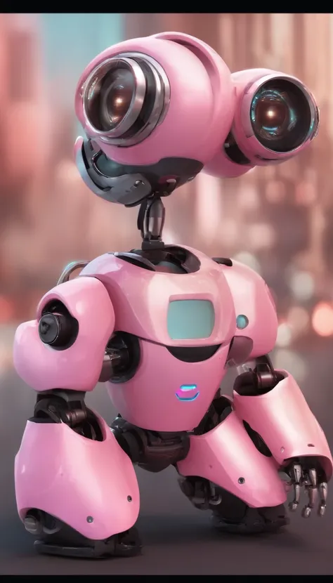 Generate images of cute robots。This robot must be as cute as a pet from the future。 Although not necessarily facial expressions、Eyes should be bigger。The background is sparkling pink and light blue, ETC., and has a bright and fun atmosphere.、Make sure you ...